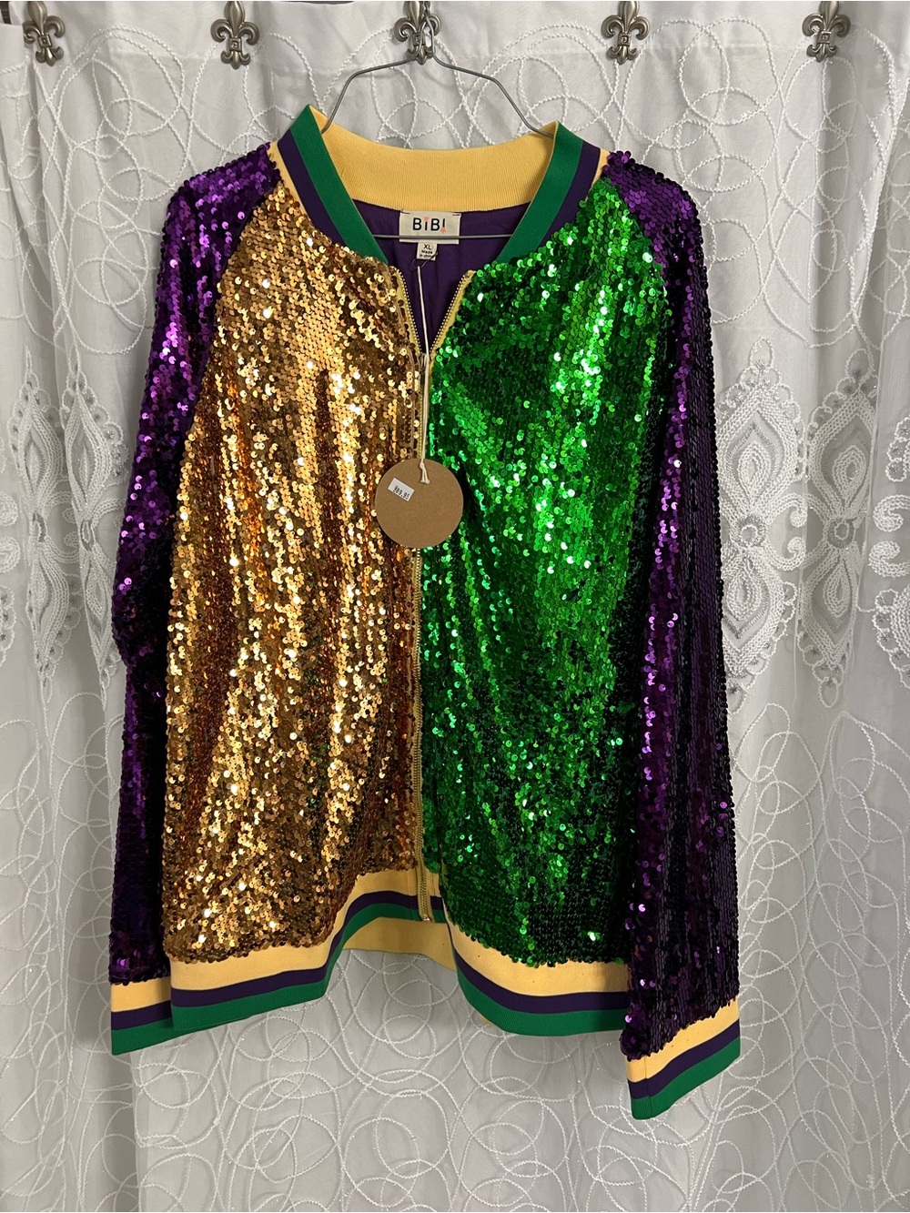 BiBi Gold, Green & Purple Sequin Bomber Jacket